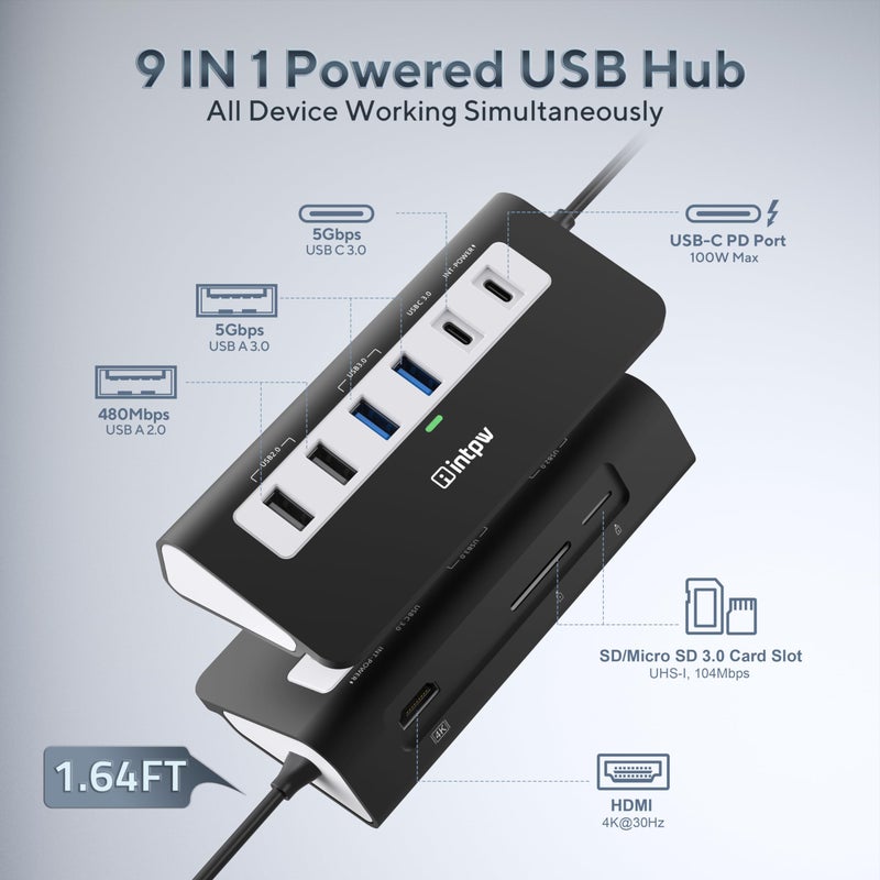 intpw P9 USB C Hub, INTPW 9-in-1 USB Multiport Adapter with 4K HDMI, PD 100W, USB-C and 2 USB A 3.0 5Gbps, 2 USB A 2.0, SD/TF Card Reader, Aluminum Powered USB Hub for PC, iPhone 16/15 Series, MacBook, iPad - Image 2