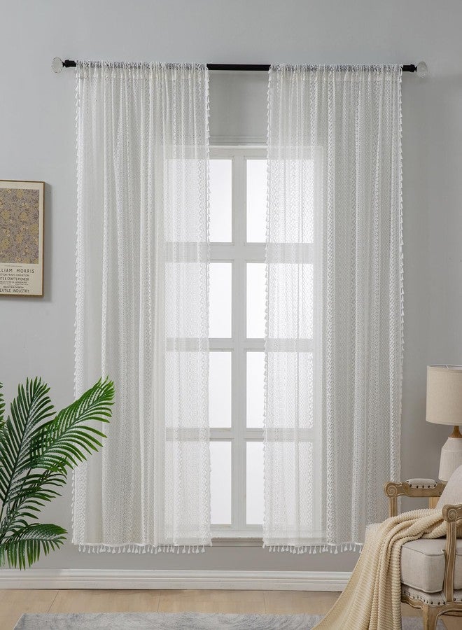 WAZZIO Off White Lace Curtains 72 Inches Long 2 Panel,Rod Pocket Victorian Privacy Sheer Curtain Tassel Bohemian Cotton Crochet Boho Short Curtains for Bedroom Living Room Kitchen - Image 2