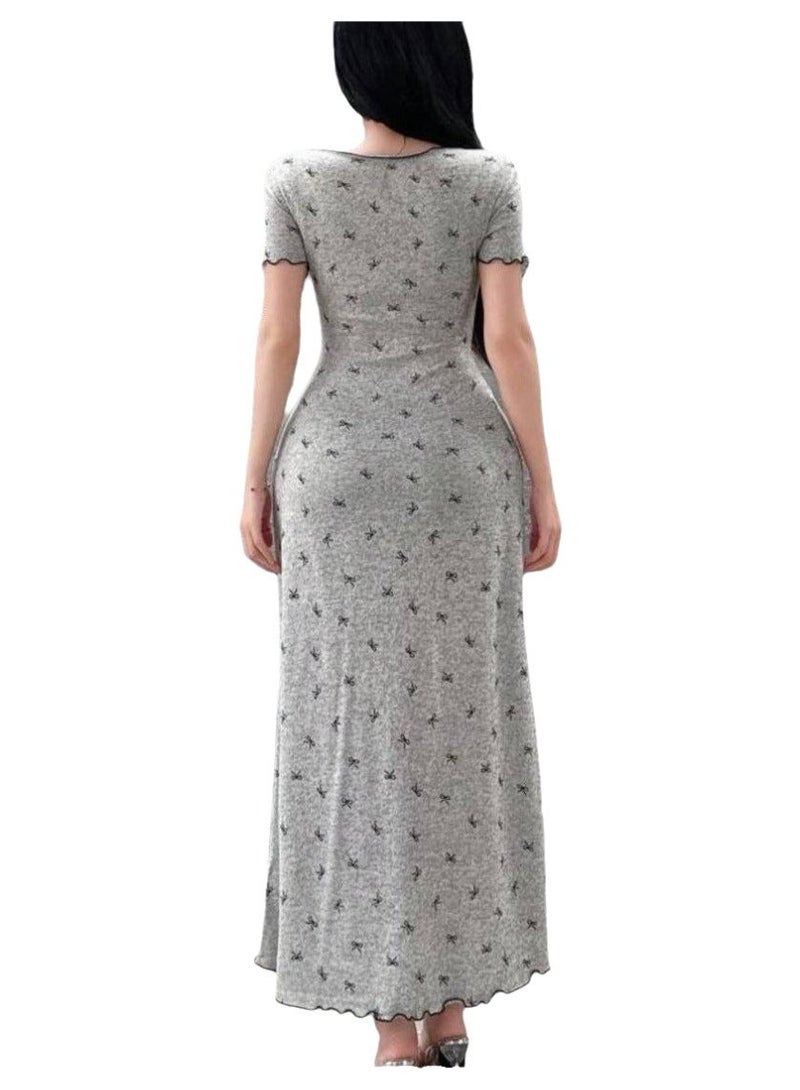 Women's Short Sleeve Home Abaya Dress - V-Neck Ribbed Loungewear with Front Bow Details - up to 75  kg - Image 2