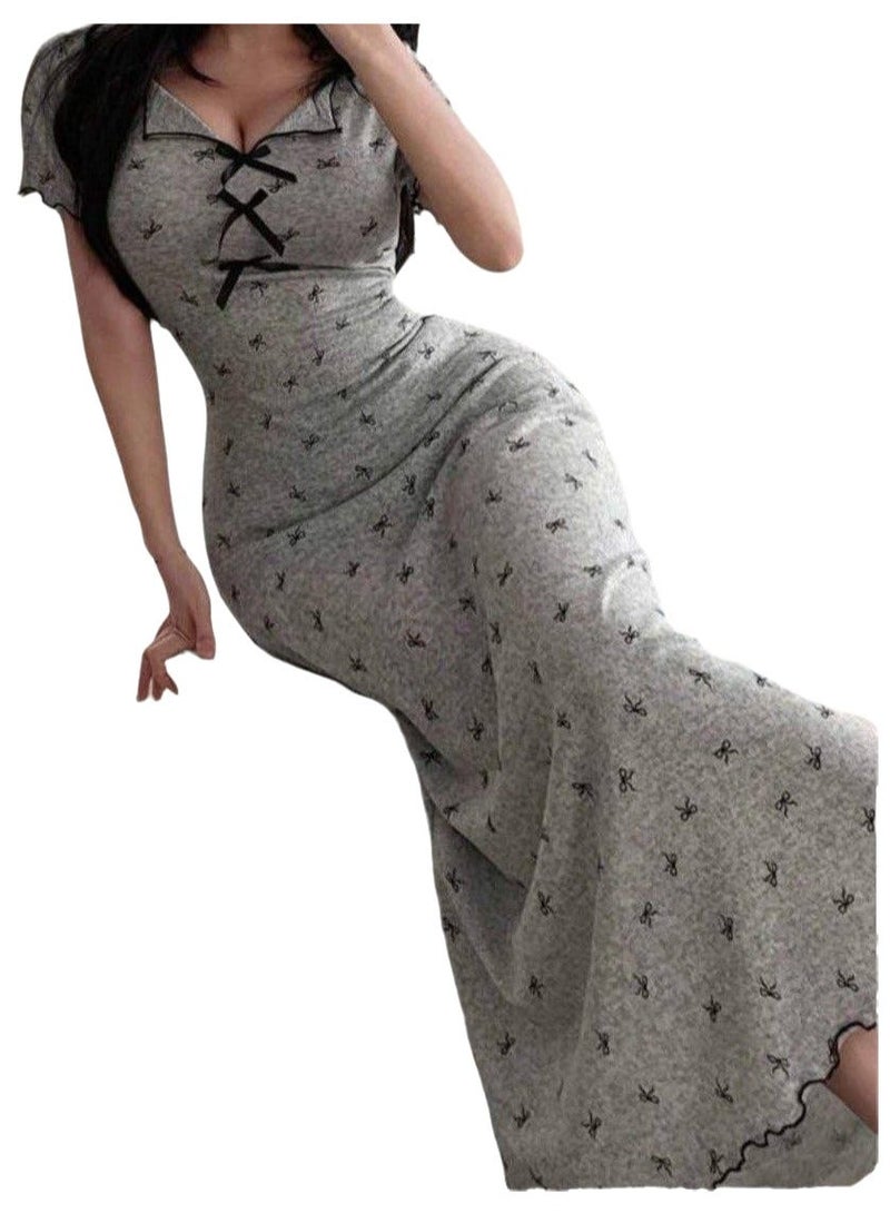 Women's Short Sleeve Home Abaya Dress - V-Neck Ribbed Loungewear with Front Bow Details - up to 75  kg - Image 3