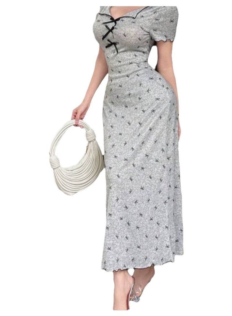 Women's Short Sleeve Home Abaya Dress - V-Neck Ribbed Loungewear with Front Bow Details - up to 75  kg - Image 4