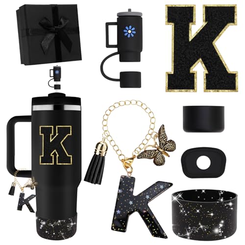 Miglaja Black Accessories for Stanley Cup Accessories 30OZ 40OZ All Accessories Gift Box Contain Flower Straw Topper Sillicone Boot Letter Stickers and PendantsSpill Stopper Set Black K - Image 1