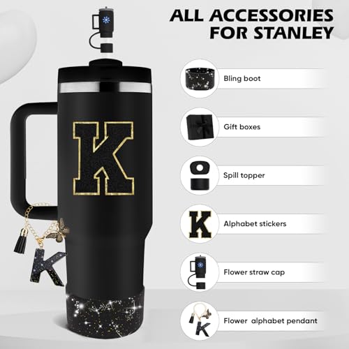 Miglaja Black Accessories for Stanley Cup Accessories 30OZ 40OZ All Accessories Gift Box Contain Flower Straw Topper Sillicone Boot Letter Stickers and PendantsSpill Stopper Set Black K - Image 3