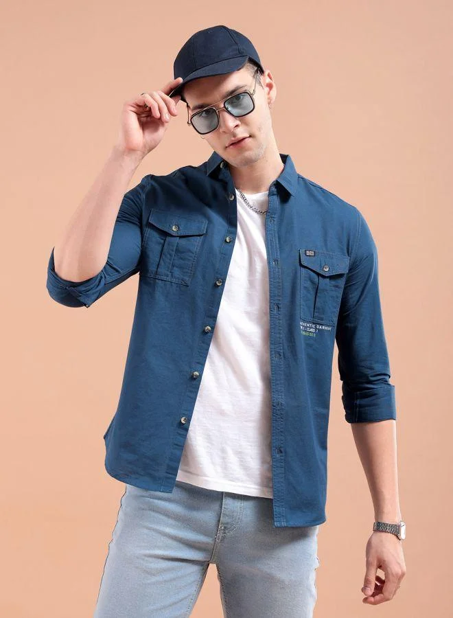 The Indian Garage Co Men Slim Fit Placement Print Full Sleeves Cutaway Collar Street Wear Shirt