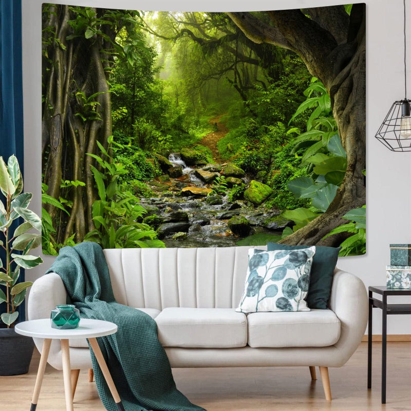 AMM Green Rainforest Tapestry Nature Forest Tapestry for Bedroom Aesthetic Misty Tropical Jungle Trees Flowing Stream Landscape Tapestries Wall Hanging for Living Room Dorm 48 x 36 Inch - Image 4