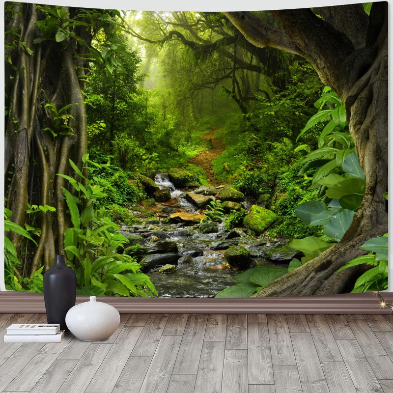 AMM Green Rainforest Tapestry Nature Forest Tapestry for Bedroom Aesthetic Misty Tropical Jungle Trees Flowing Stream Landscape Tapestries Wall Hanging for Living Room Dorm 48 x 36 Inch - Image 1
