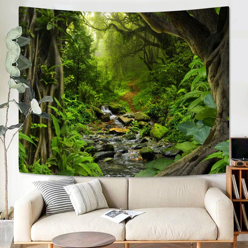 AMM Green Rainforest Tapestry Nature Forest Tapestry for Bedroom Aesthetic Misty Tropical Jungle Trees Flowing Stream Landscape Tapestries Wall Hanging for Living Room Dorm 48 x 36 Inch - Image 2