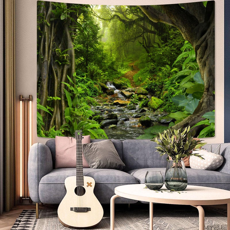 AMM Green Rainforest Tapestry Nature Forest Tapestry for Bedroom Aesthetic Misty Tropical Jungle Trees Flowing Stream Landscape Tapestries Wall Hanging for Living Room Dorm 48 x 36 Inch - Image 5