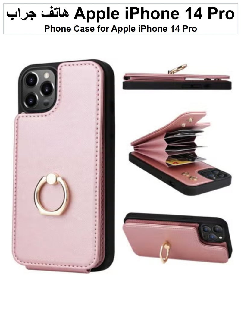 iPhone 14 Pro Wallet Case with Ring Holder, RFID Blocking Card Slots, Premium Microfiber Leather Flip Cover, Shockproof Kickstand & Grip - Soft Pink - Image 1