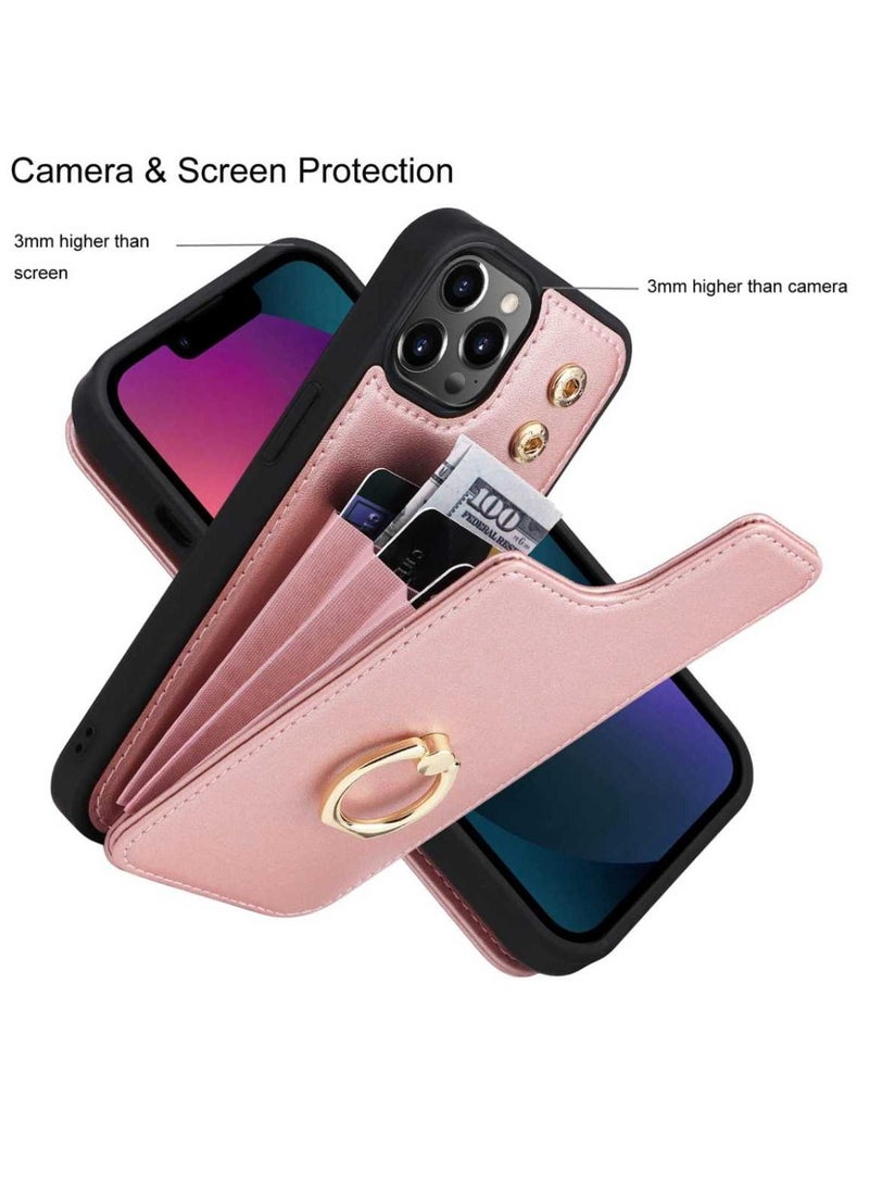 iPhone 14 Pro Wallet Case with Ring Holder, RFID Blocking Card Slots, Premium Microfiber Leather Flip Cover, Shockproof Kickstand & Grip - Soft Pink - Image 4