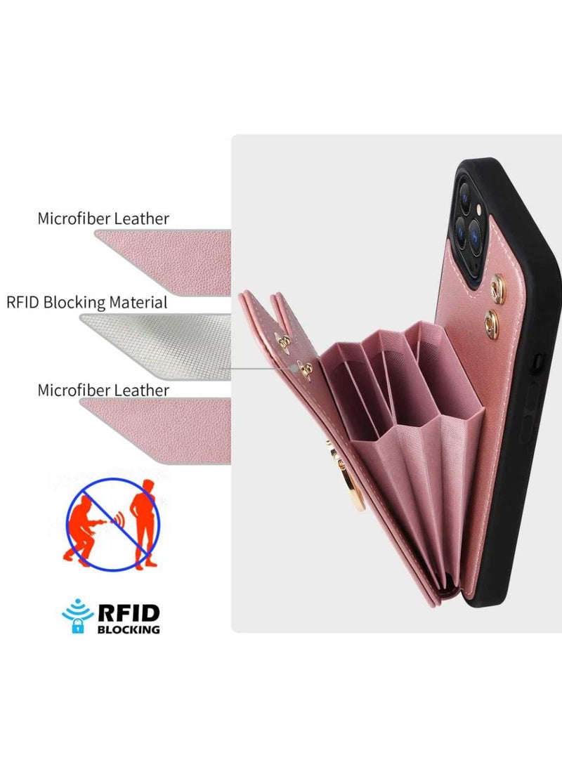 iPhone 14 Pro Wallet Case with Ring Holder, RFID Blocking Card Slots, Premium Microfiber Leather Flip Cover, Shockproof Kickstand & Grip - Soft Pink - Image 3