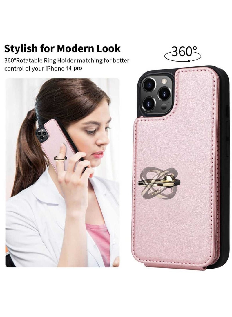 iPhone 14 Pro Wallet Case with Ring Holder, RFID Blocking Card Slots, Premium Microfiber Leather Flip Cover, Shockproof Kickstand & Grip - Soft Pink - Image 2