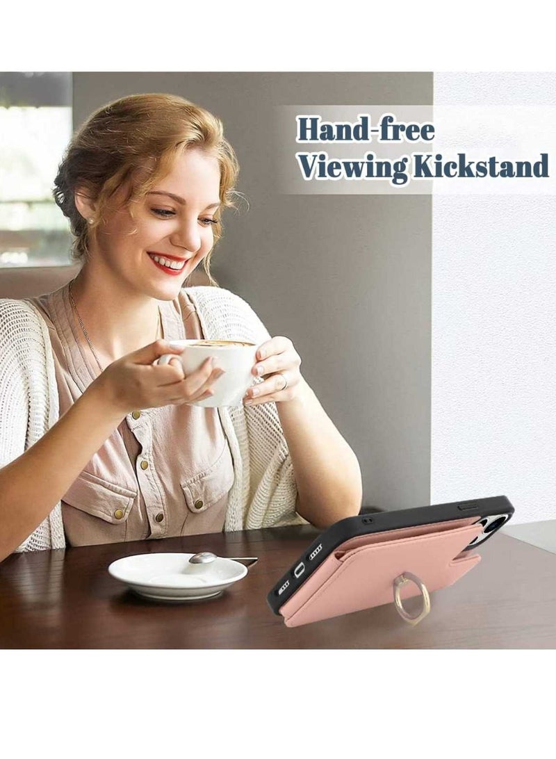 iPhone 14 Pro Wallet Case with Ring Holder, RFID Blocking Card Slots, Premium Microfiber Leather Flip Cover, Shockproof Kickstand & Grip - Soft Pink - Image 5