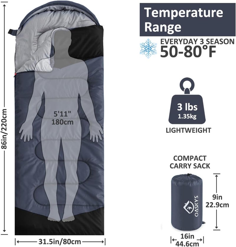 oaskys Camping Sleeping Bag - 3 Season Warm & Cool Weather - Summer Spring Fall Lightweight Waterproof for Adults Kids - Camping Gear Equipment, Traveling, and Outdoors - Image 2