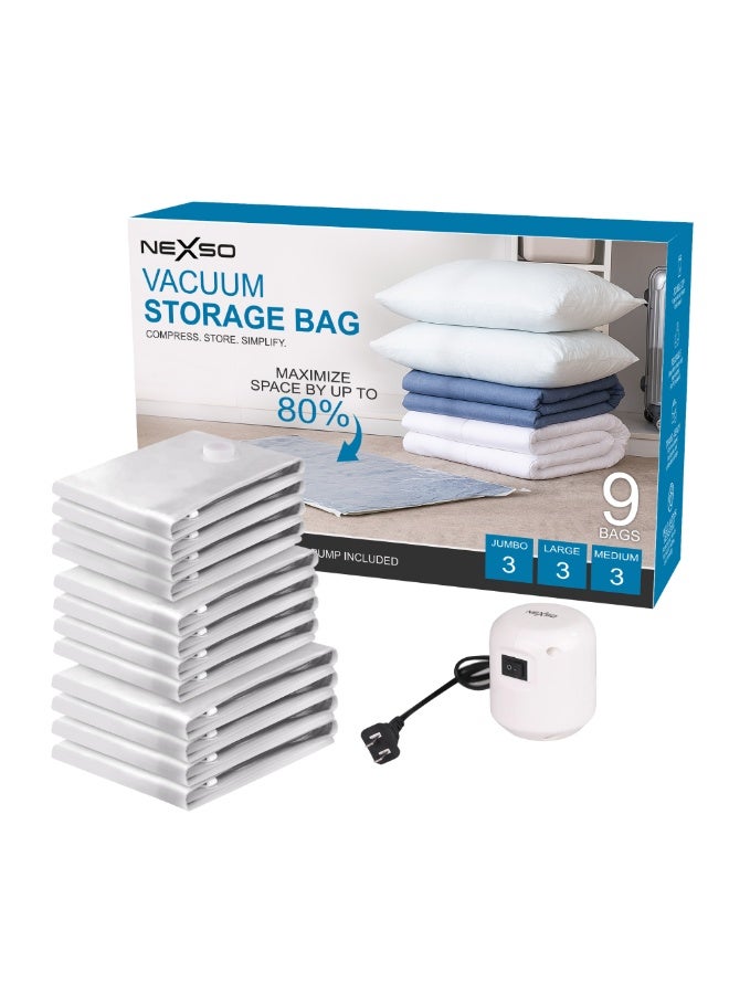 Nexso 9 pack Vacuum Storage Bags – Space Saving Bags with Electric Pump, Double Zipper Seal, Anti-Slip Design & Air Valve for Clothes, Bedding & Travel - (3 Jumbo/3 Large/3 Medium) - Image 1