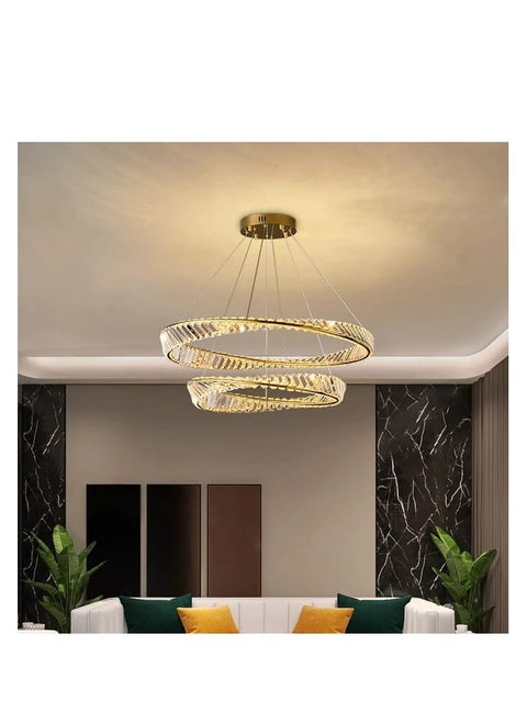 Modern LED crystal chandelier, two rings, sparkling gold color and 3 lighting colors from TEC Light for modern lighting.