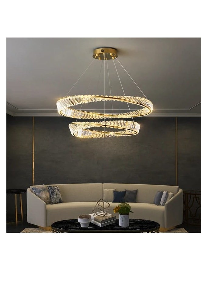 Modern LED crystal chandelier, two rings, sparkling gold color and 3 lighting colors from TEC Light for modern lighting.