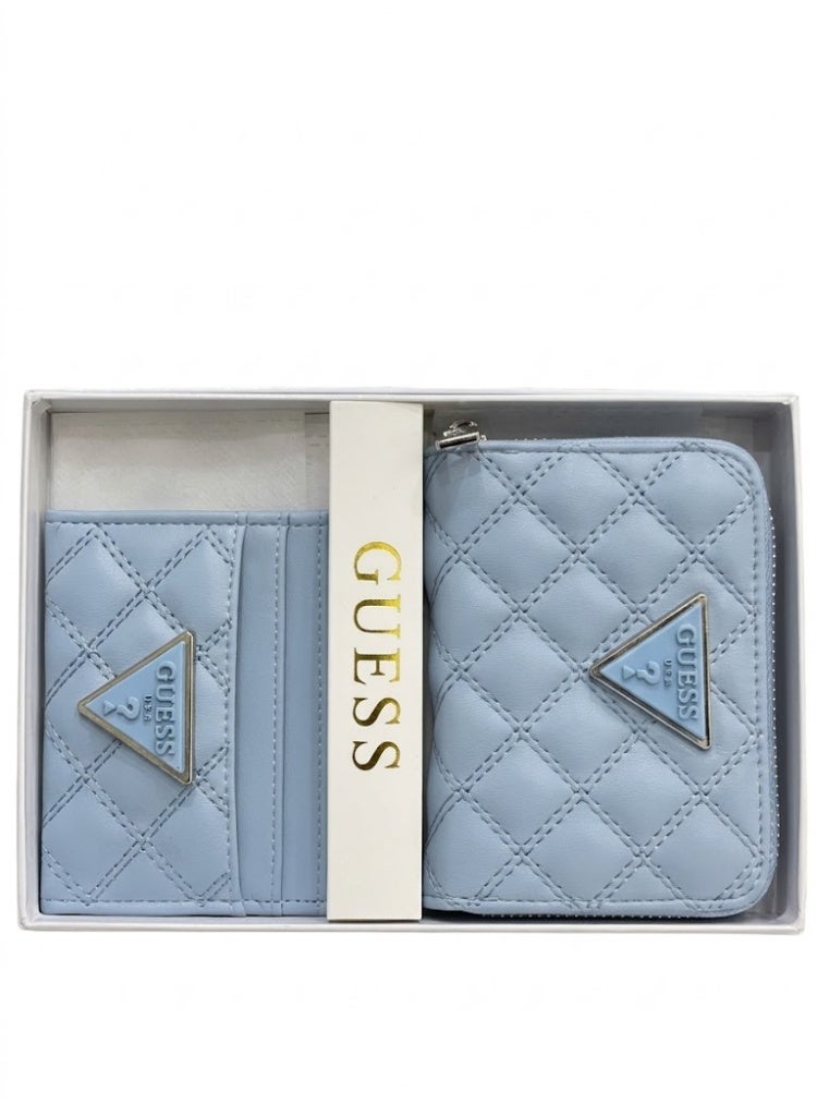 Guess _ Quilted Wallet & Card Holder Set for Women – Light Blue Zip Wallet Gift Set