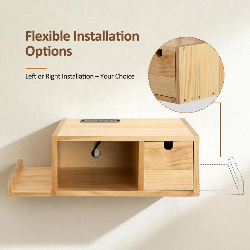 Afuly Floating Nightstand with Charging Station, Wall Mount Night Stand with Drawer Hanging Bedside Table End Table, Solid Wood Modern Side Table Shelf for Bedroom Natural Wooden Decor - Image 4