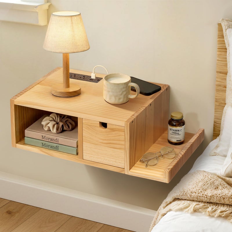 Afuly Floating Nightstand with Charging Station, Wall Mount Night Stand with Drawer Hanging Bedside Table End Table, Solid Wood Modern Side Table Shelf for Bedroom Natural Wooden Decor - Image 1