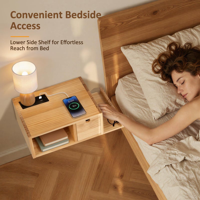 Afuly Floating Nightstand with Charging Station, Wall Mount Night Stand with Drawer Hanging Bedside Table End Table, Solid Wood Modern Side Table Shelf for Bedroom Natural Wooden Decor - Image 3