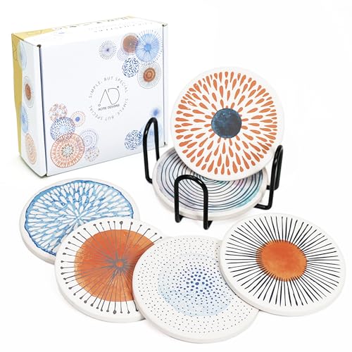 AD Set of 6 Coasters for Drinks Absorbing Round Ceramic Stone Coaster with Cork Base Tabletop Protection Mat for Mugs and Cups,Office,Kitchen (Colorful with Holder) - Image 1