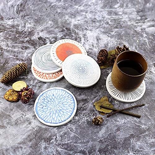 AD Set of 6 Coasters for Drinks Absorbing Round Ceramic Stone Coaster with Cork Base Tabletop Protection Mat for Mugs and Cups,Office,Kitchen (Colorful with Holder) - Image 3
