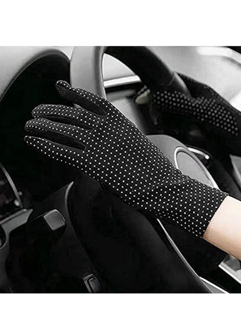 Women's cotton driving gloves with a black dotted design, suitable for all women