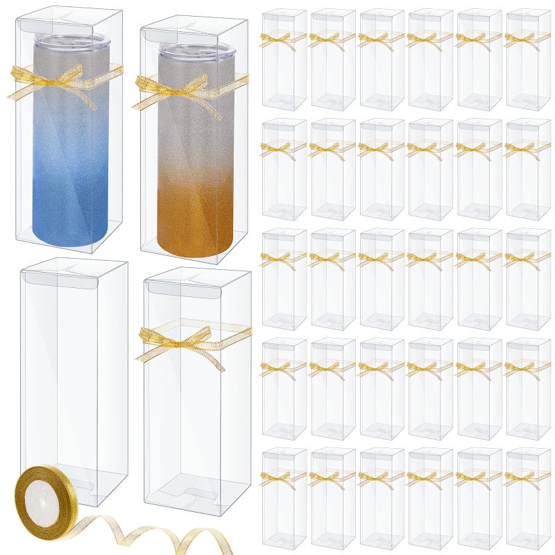 Beeveer 50 Pcs Mug Gift Boxes Clear Tumblers Packaging Box with Ribbon for Sublimation Tumblers Compatible with Stanley 11oz 12oz 15oz 20oz 30oz 40oz(3.3 x 3.3 x 9.8 Inch) - Image 1