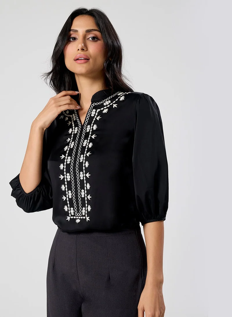 Zigzag Neck Line Embroidered Long Sleeve Chiffon Top