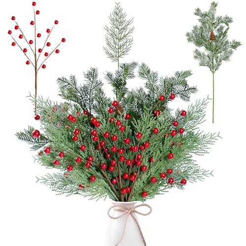 Sggvecsy 30 Pcs Artificial Pine Branches Fake Greenery Pine Picks with Pine Cones Artificial Red Berry Branches Christmas Pine Needles for DIY Wreath Xmas Embellishing Flower Arrangements Decoration - Image 1