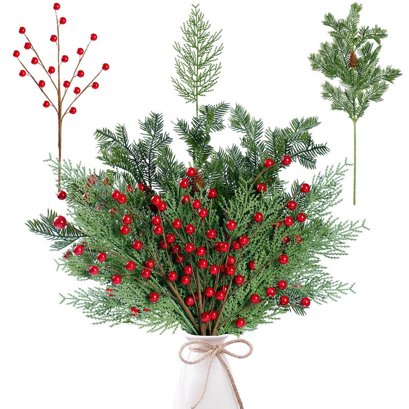 Sggvecsy 30 Pcs Artificial Pine Branches Fake Greenery Pine Picks with Pine Cones Artificial Red Berry Branches Christmas Pine Needles for DIY Wreath Xmas Embellishing Flower Arrangements Decoration - Image 2