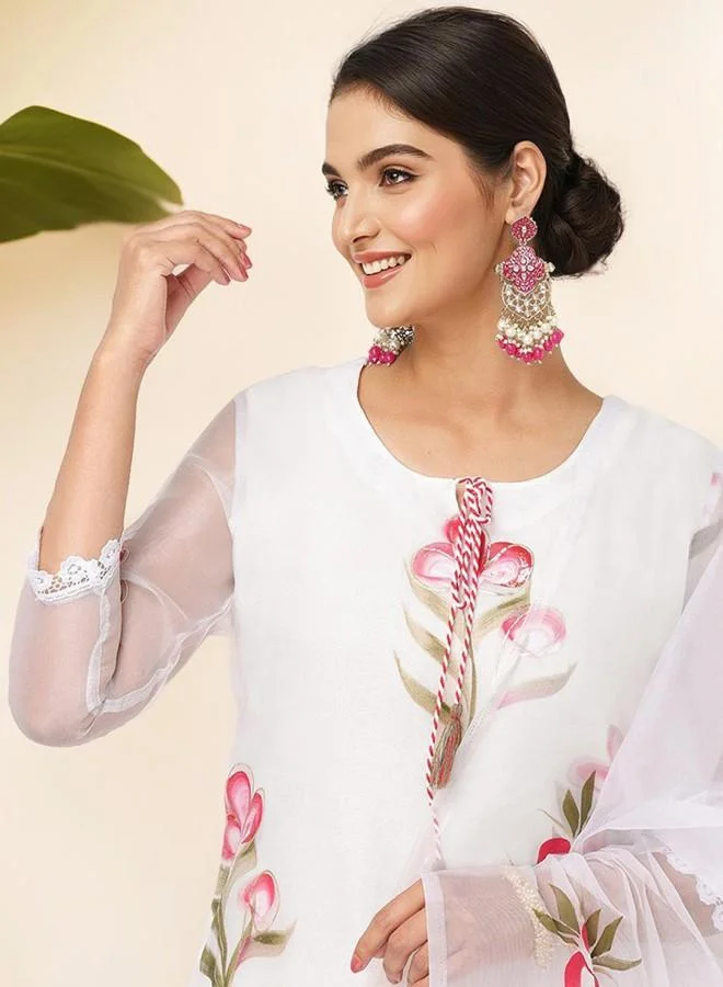 ISHIN  Women'S Off White Rayon Embroidered Tunic Full Length Palazzo Straight Fit Kurta Set for Women | Best Price UAE