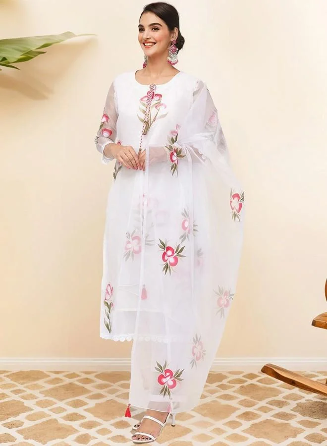 ISHIN Women'S Off White Rayon Embroidered Tunic Full Length Palazzo Straight Fit Kurta Set
