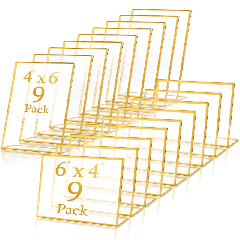 18 Pack Gold Frame Acrylic Sign Holder Wedding Table Number Slanted Clear Menu Holder Picture Document Brochure Double Sided Stands Photo Office DisplayVertical and Horizontal6 x 4 In