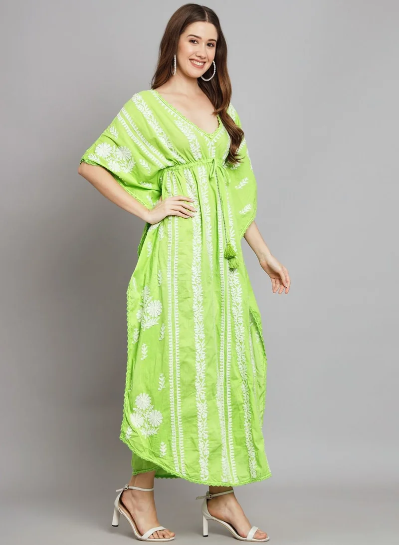 Alaya Hand Embroidered Chikankari Cotton Kaftan Green&White-AL2480