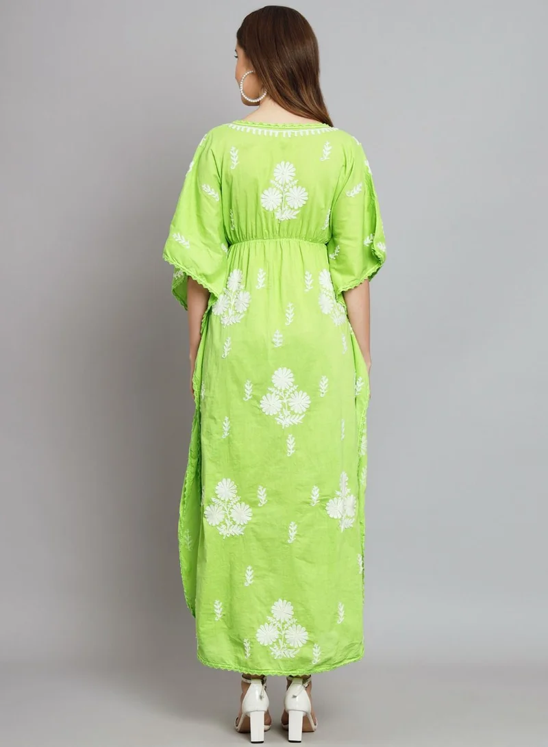 Alaya Hand Embroidered Chikankari Cotton Kaftan Green&White-AL2480