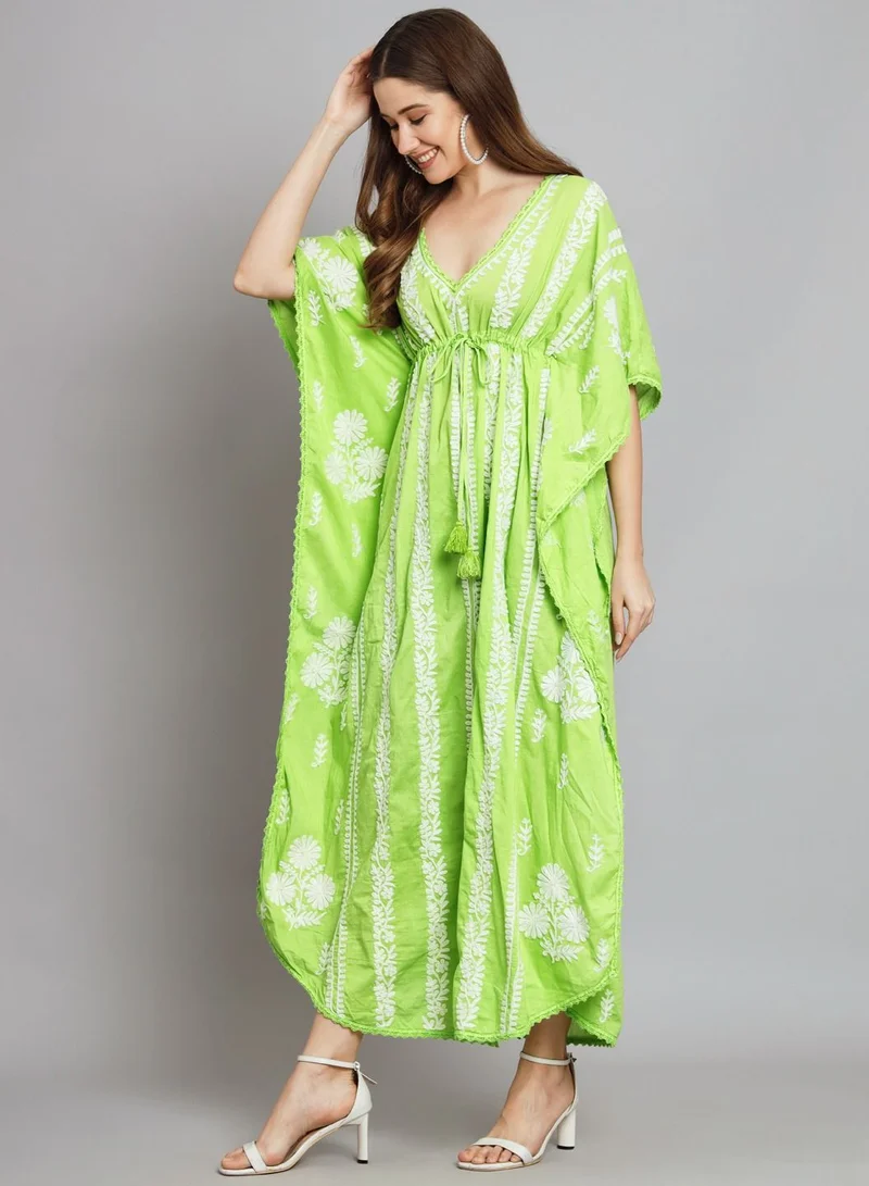 Alaya Hand Embroidered Chikankari Cotton Kaftan Green&White-AL2480