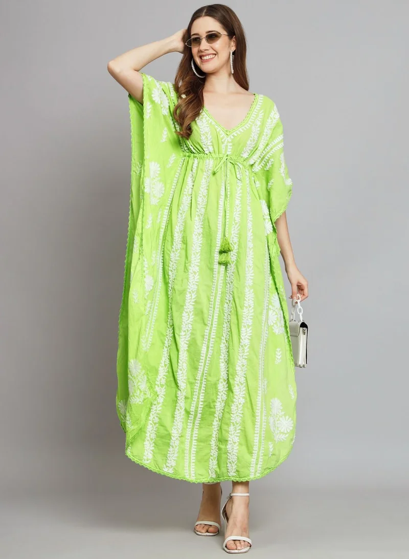 Alaya Hand Embroidered Chikankari Cotton Kaftan Green&White-AL2480