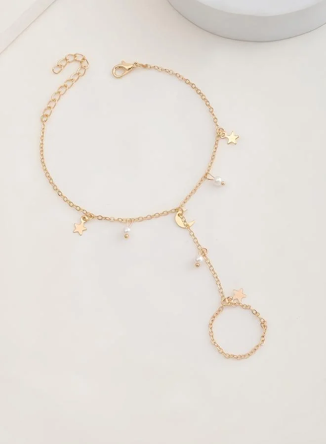 تايك تو Gold Star and Moon Hand Chain Bracelet