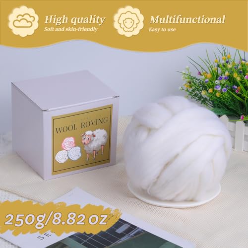 QMNNMA Wool Roving Bulk - 8.82oz/250g Super Wool Chunky Yarn, Wool Roving Top for Needle Felting, Soft Felting Wool Supplies for Hand Spinning, Felting, Blending, Weaving and DIY Craft - Image 2