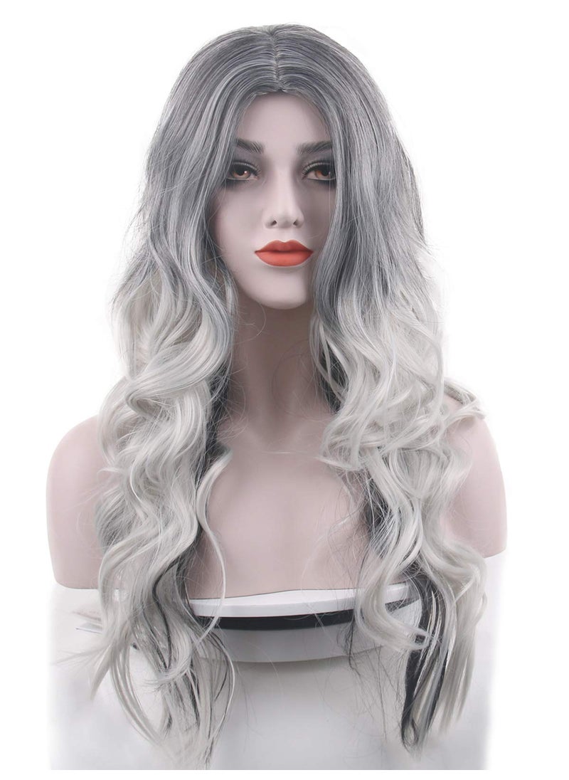 Besuante - Beautyself Silver Grey Costume Wigs for Women Halloween Curly Long Wavy Fashion Cosplay Ombre Black Mix Gray Hair Wigs with Wig Cap - Image 1
