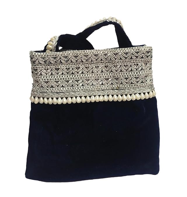 ATHZ Velvet Handbag for women which opens to a small shoulder bag for ladies with handcrafted Moti work Strap Multi purpose bag Regal and Royal look (Blue,Silver) - Image 3