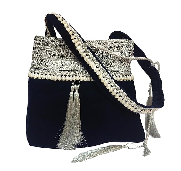 ATHZ Velvet Handbag for women which opens to a small shoulder bag for ladies with handcrafted Moti work Strap Multi purpose bag Regal and Royal look (Blue,Silver) - Image 1