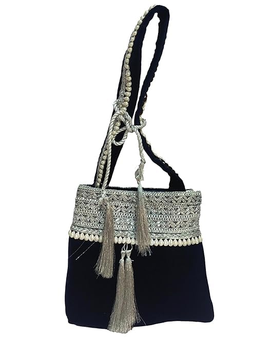 ATHZ Velvet Handbag for women which opens to a small shoulder bag for ladies with handcrafted Moti work Strap Multi purpose bag Regal and Royal look (Blue,Silver) - Image 2