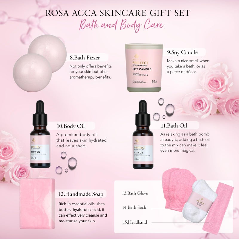 RA ROSA ACCA هدية عيد الأم، هدايا السبا 30 قطعة مجموعة العناية بالبشرة بالورود للنساء، كريم الوجه، زيت الحمام، السيروم، ملحقات الدش، مجموعة الحمام والجسم والوجه، عيد ميلاد، عيد الميلاد، عيد الحب، حفل الزفاف - Image 3