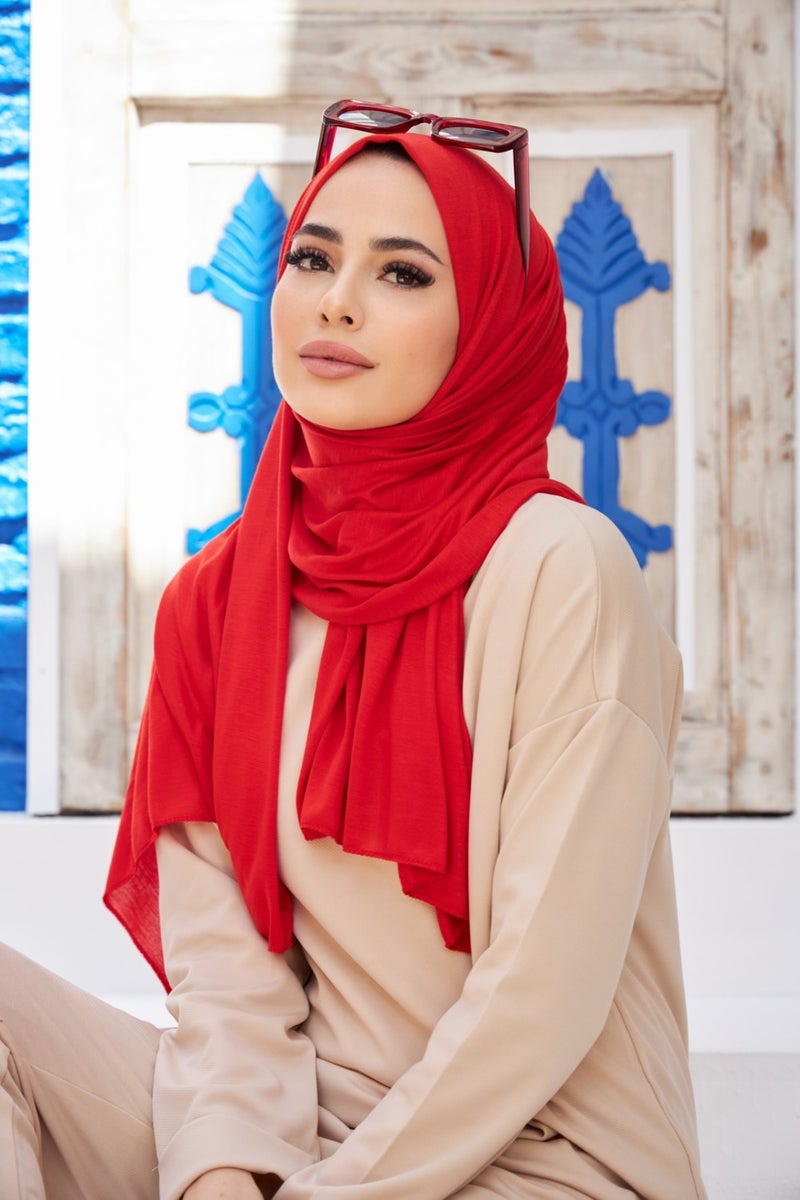 Naciye Sultan Hijab Combed Cotton Shawl Red  - Image 1
