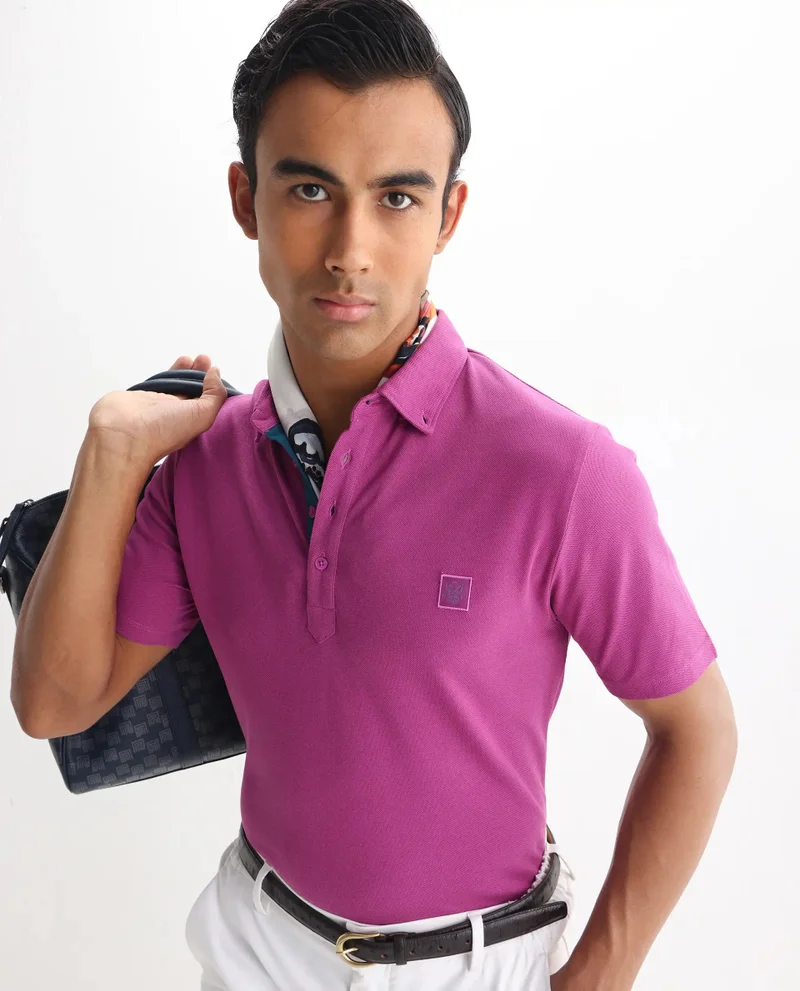Rare Rabbit Rare Rabbit Men's Herval Dark Pink Cotton Fabric Collared Neck Half Sleeves Polo T-Shirt