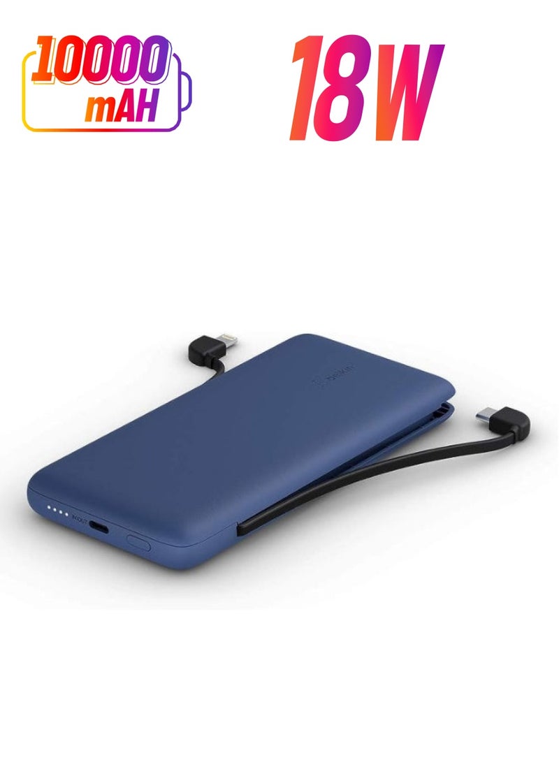 بيلكين شاحن متنقل Belkin BOOSTCHARGE Plus بقدرة 10000 (10000 مللي أمبير في الساعة مع Lightning مدمج (MFI) وكابلات USB-C مدمجة ومنفذ شحن USB-C إضافي) - باللون الأزرق أسود/أزرق - Image 1
