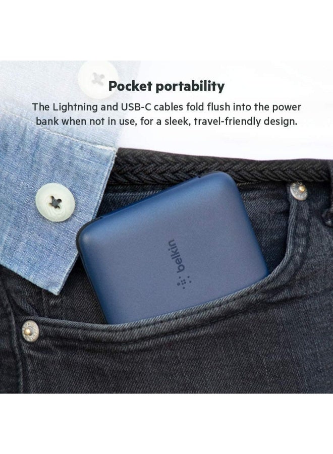 بيلكين شاحن متنقل Belkin BOOSTCHARGE Plus بقدرة 10000 (10000 مللي أمبير في الساعة مع Lightning مدمج (MFI) وكابلات USB-C مدمجة ومنفذ شحن USB-C إضافي) - باللون الأزرق أسود/أزرق - Image 4